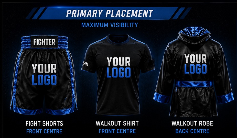 Primary placement — logo front and centre on the fight shorts, walkout shirt and walkout robe