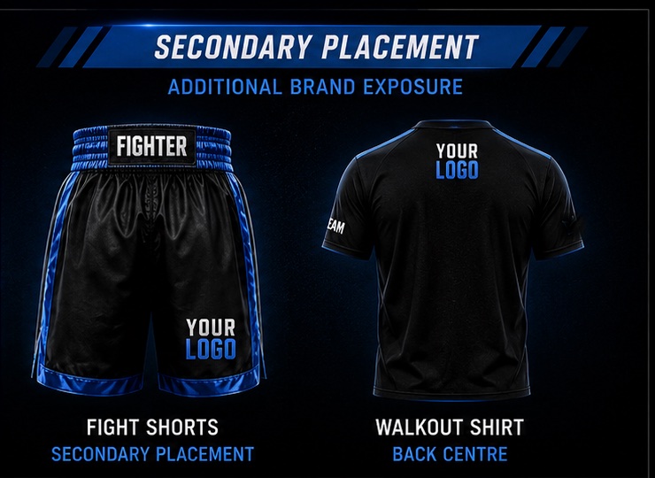 Secondary placement — logo on the fight shorts and the back of the walkout shirt